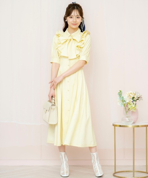 【ze】ラッフルリボンタイシャツワンピース ブラックチェック WILLSELECTION ワンピース ラッフルリボンタイシャツワンピース