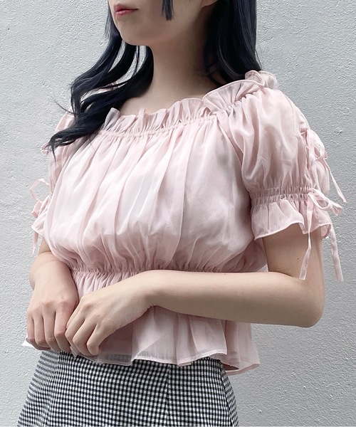 abc une face（アーベーセーアンフェイス）の「袖リボンオフショルトップス（シャツ/ブラウス・レディース・ホワイト/ピンク/グレー/グリーン・FREE）」の4枚目の写真