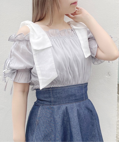 abc une face（アーベーセーアンフェイス）の「袖リボンオフショルトップス（シャツ/ブラウス・レディース・ホワイト/ピンク/グレー/グリーン・FREE）」の7枚目の写真