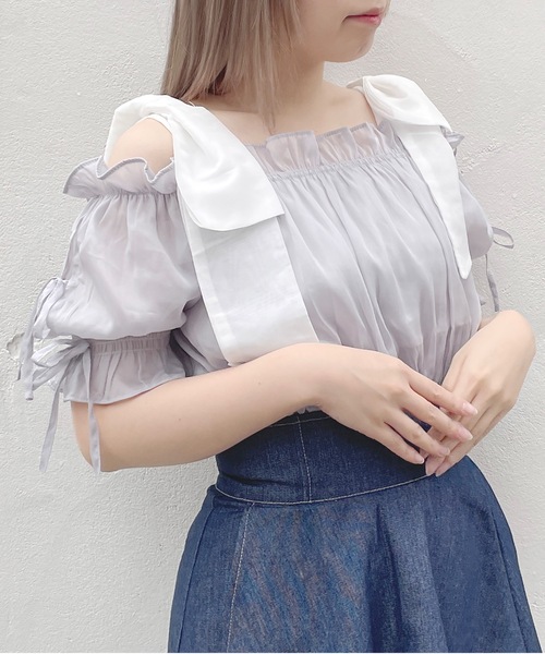 abc une face（アーベーセーアンフェイス）の「袖リボンオフショルトップス（シャツ/ブラウス・レディース・ホワイト/ピンク/グレー/グリーン・FREE）」の9枚目の写真