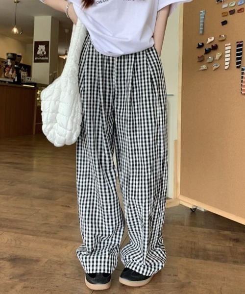 Aimoon チェック柄 ワイドパンツ レディース -ファッション通販