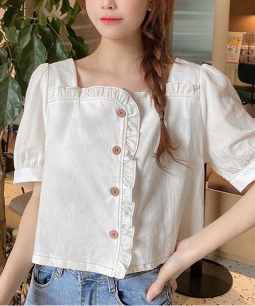 SallyLunn（サリーラン）の「フリル半袖ボタンブラウス（シャツ/ブラウス・レディース・ホワイト/ブルー・MEDIUM/LARGE）」の3枚目の写真