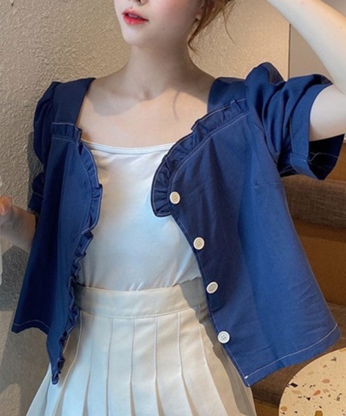 SallyLunn（サリーラン）の「フリル半袖ボタンブラウス（シャツ/ブラウス・レディース・ホワイト/ブルー・MEDIUM/LARGE）」の4枚目の写真