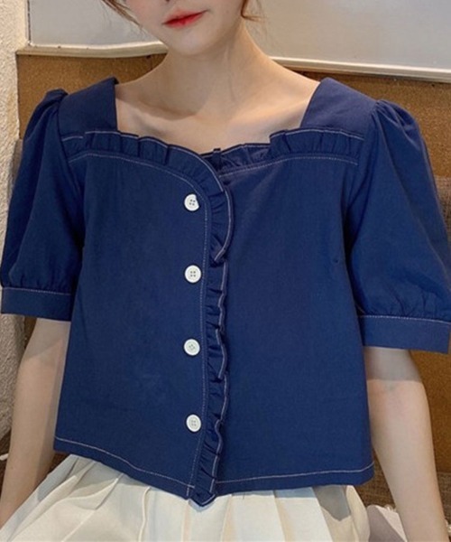 SallyLunn（サリーラン）の「フリル半袖ボタンブラウス（シャツ/ブラウス・レディース・ホワイト/ブルー・MEDIUM/LARGE）」の5枚目の写真