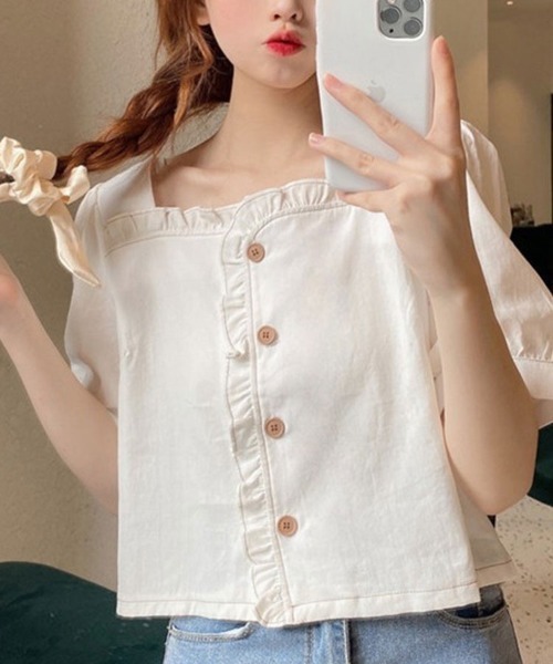 SallyLunn（サリーラン）の「フリル半袖ボタンブラウス（シャツ/ブラウス・レディース・ホワイト/ブルー・MEDIUM/LARGE）」の7枚目の写真