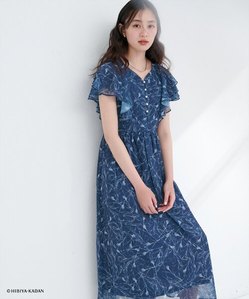 【日比谷花壇コラボ】フリル袖ハートネックワンピース natural couture｜【日比谷花壇コラボ】フリル袖ハートネック