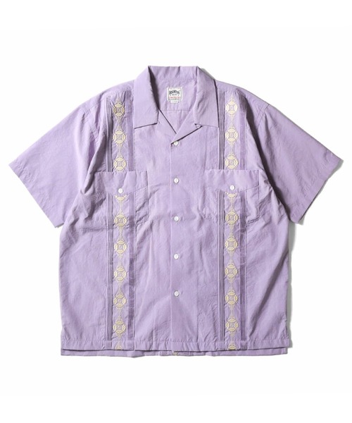 HOUSTON(ヒューストン)の「HOUSTON ヒューストン BOTANICAL EMB CUBA SHIRT ボタニカル デザイン刺繍 キューバシャツ / 開襟シャツ(シャツ/ブラウス・メンズ・オフホワイト/パープル/ブラック・M/L/XL)」の1枚目の写真