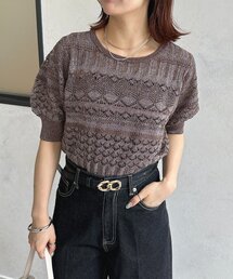 ラメ透かしボートネック5分袖ニット