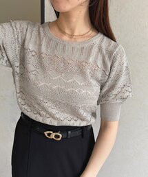 ラメ透かしボートネック5分袖ニット