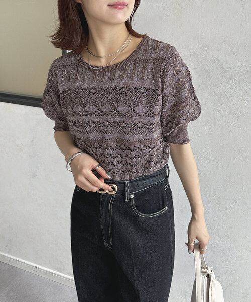 Thevon(ゼボン)の「ラメ透かしボートネック5分袖ニット(ニット/セーター・レディース・グレイッシュベージュ/ブルー/ブラウン・FREE)」の12枚目の写真