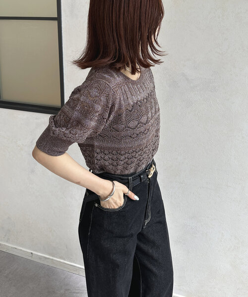 Thevon(ゼボン)の「ラメ透かしボートネック5分袖ニット(ニット/セーター・レディース・グレイッシュベージュ/ブルー/ブラウン・FREE)」の21枚目の写真