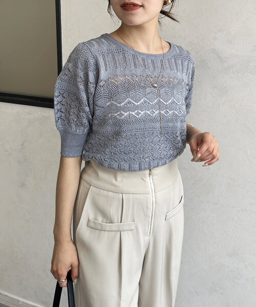 Thevon(ゼボン)の「ラメ透かしボートネック5分袖ニット(ニット/セーター・レディース・グレイッシュベージュ/ブルー/ブラウン・FREE)」の7枚目の写真