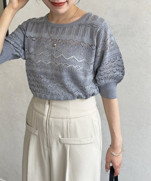 Thevon(ゼボン)の「ラメ透かしボートネック5分袖ニット(ニット/セーター・レディース・グレイッシュベージュ/ブルー/ブラウン・FREE)」の10枚目の写真