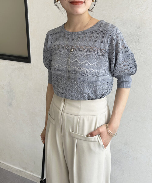 Thevon(ゼボン)の「ラメ透かしボートネック5分袖ニット(ニット/セーター・レディース・グレイッシュベージュ/ブルー/ブラウン・FREE)」の11枚目の写真