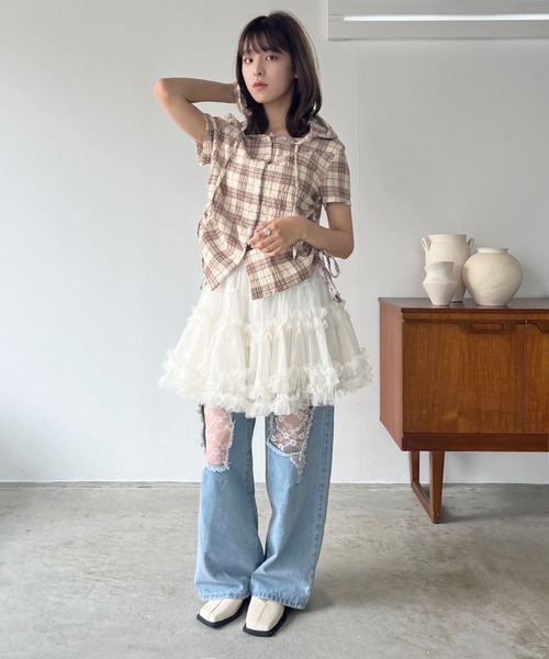Jewelobe(ジュエローブ)の「サイドドロストフーディーコンパクトチェックシャツ(シャツ/ブラウス・レディース・ネイビー/グリーン/ベージュ・FREE)」の4枚目の写真