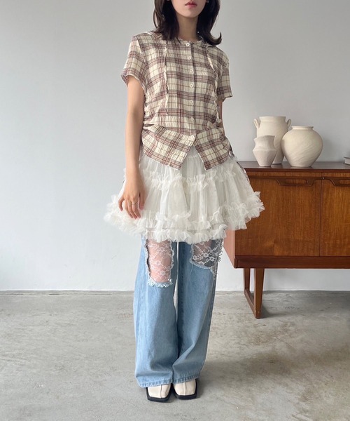 Jewelobe(ジュエローブ)の「サイドドロストフーディーコンパクトチェックシャツ(シャツ/ブラウス・レディース・ネイビー/グリーン/ベージュ・FREE)」の5枚目の写真