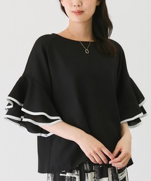 フレアー配色パイピング袖ブラウス