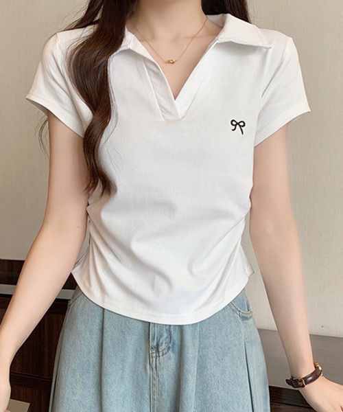 Lace Ladies(レースレディース)の「リボン ワンポイント 襟付き スキッパーネック カットソー(Tシャツ/カットソー・レディース・ホワイト/ライトグレー/ブラック・M/XL)」の2枚目の写真