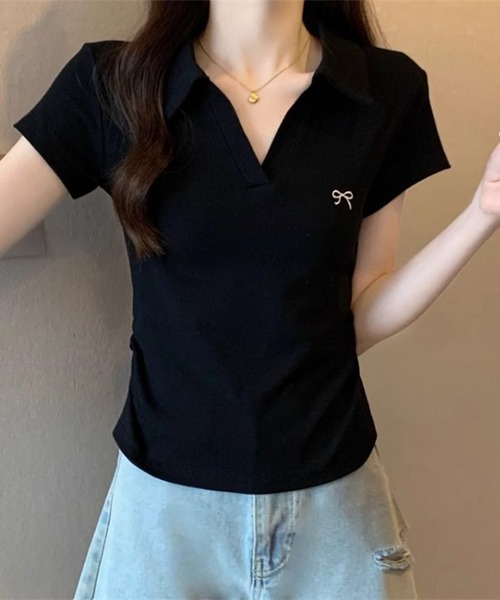 Lace Ladies(レースレディース)の「リボン ワンポイント 襟付き スキッパーネック カットソー(Tシャツ/カットソー・レディース・ホワイト/ライトグレー/ブラック・M/XL)」の8枚目の写真