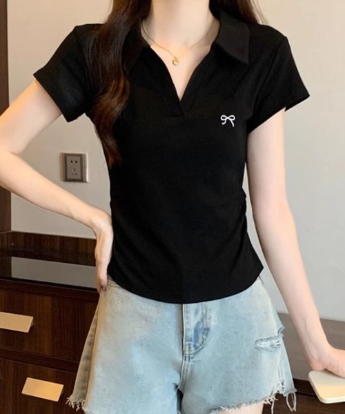Lace Ladies(レースレディース)の「リボン ワンポイント 襟付き スキッパーネック カットソー(Tシャツ/カットソー・レディース・ホワイト/ライトグレー/ブラック・M/XL)」の9枚目の写真