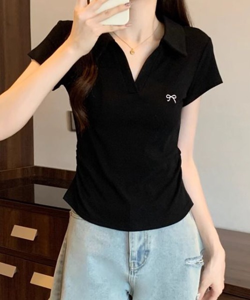 Lace Ladies(レースレディース)の「リボン ワンポイント 襟付き スキッパーネック カットソー(Tシャツ/カットソー・レディース・ホワイト/ライトグレー/ブラック・M/XL)」の10枚目の写真