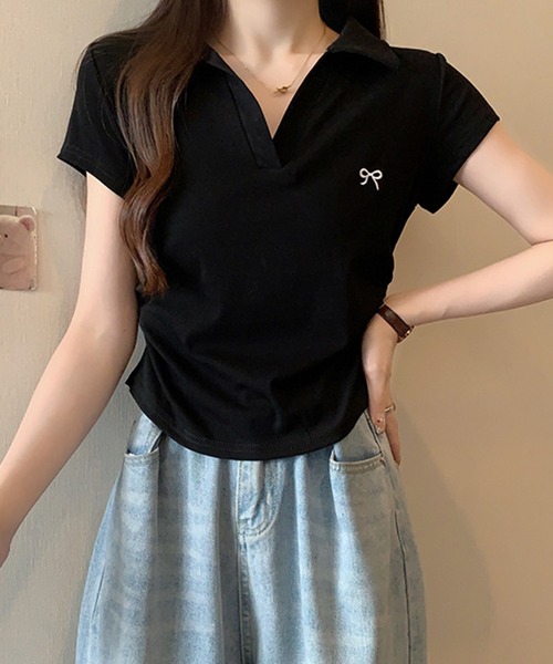 Lace Ladies(レースレディース)の「リボン ワンポイント 襟付き スキッパーネック カットソー(Tシャツ/カットソー・レディース・ホワイト/ライトグレー/ブラック・M/XL)」の11枚目の写真