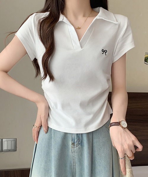 Lace Ladies(レースレディース)の「リボン ワンポイント 襟付き スキッパーネック カットソー(Tシャツ/カットソー・レディース・ホワイト/ライトグレー/ブラック・M/XL)」の17枚目の写真