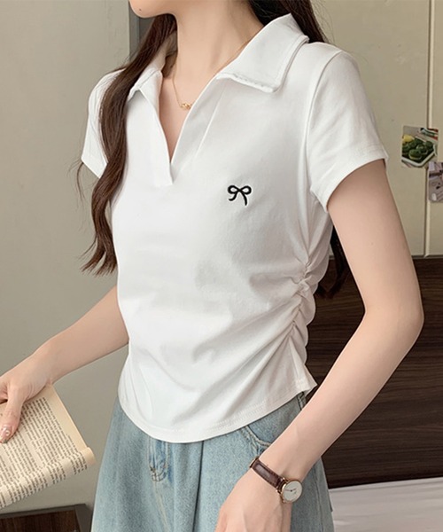 Lace Ladies(レースレディース)の「リボン ワンポイント 襟付き スキッパーネック カットソー(Tシャツ/カットソー・レディース・ホワイト/ライトグレー/ブラック・M/XL)」の18枚目の写真