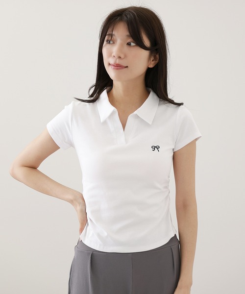 Lace Ladies(レースレディース)の「リボン ワンポイント 襟付き スキッパーネック カットソー(Tシャツ/カットソー・レディース・ホワイト/ライトグレー/ブラック・M/XL)」の14枚目の写真