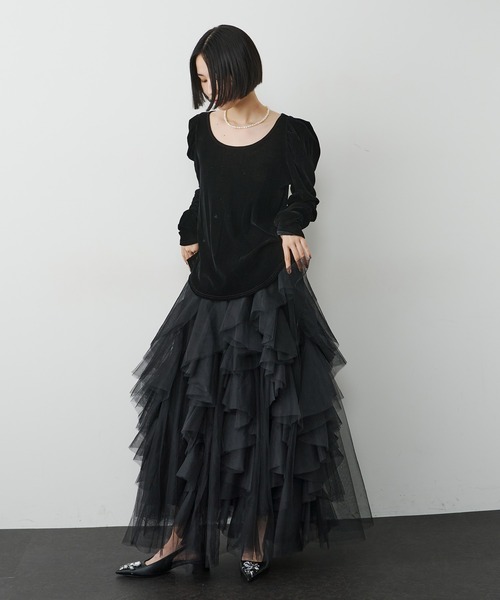 LA BELLE ETUDE（ラベルエチュード）の「シアーベロアパフギャザーTOPS（Tシャツ/カットソー・レディース・チャコールグレー/ブラック/ブラウン・FREE）」の21枚目の写真