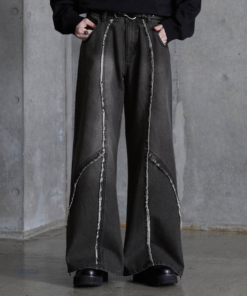 SERACE】Vintage design fringe zip wide flare denim pants