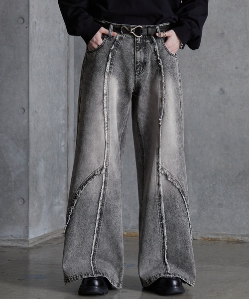 SERACE】Vintage design fringe zip wide flare denim pants