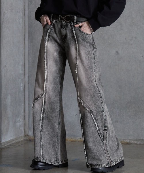 SERACE】Vintage design fringe zip wide flare denim pants
