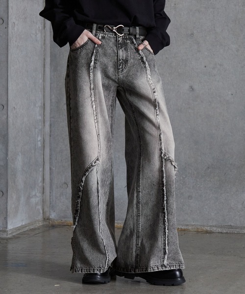 SERACE】Vintage design fringe zip wide flare denim pants
