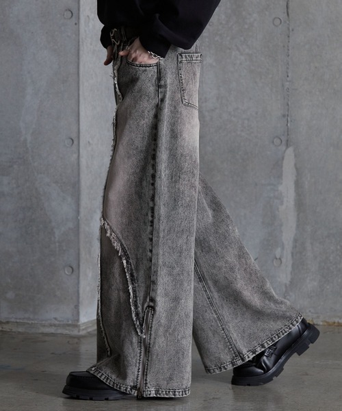 SERACE】Vintage design fringe zip wide flare denim pants