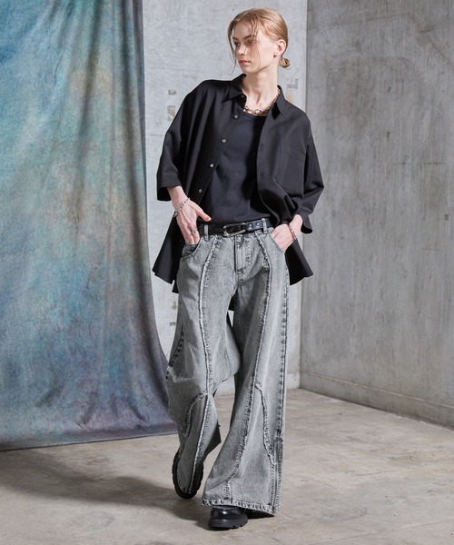 SERACE（セラス）の「【SERACE】Vintage design fringe zip wide flare denim pants / ヴィンテージデザインフリンジジップワイドフレアデニムパンツ（デニムパンツ・メンズ・ブラック/サックスブルー/ライトグレー/ホワイト・L/M/S）」の21枚目の写真