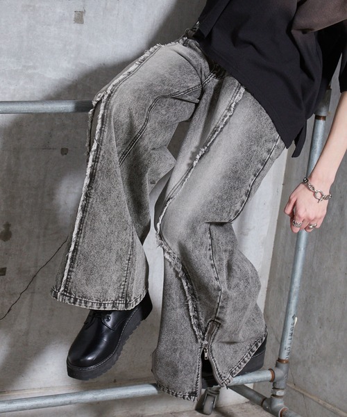 SERACE】Vintage design fringe zip wide flare denim pants