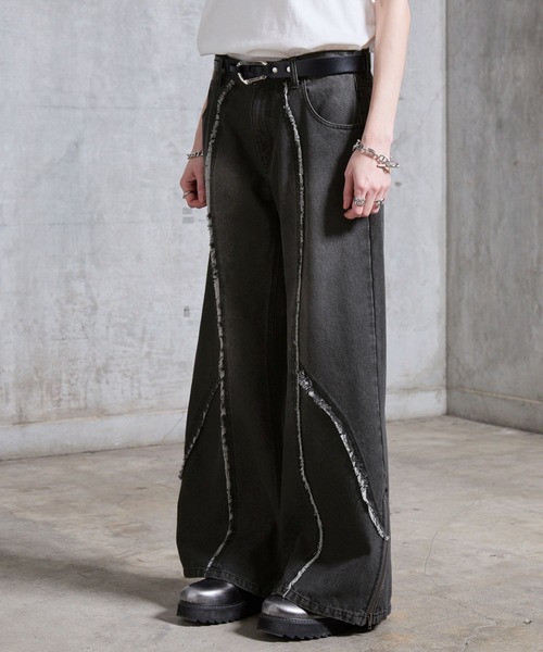 SERACE】Vintage design fringe zip wide flare denim pants