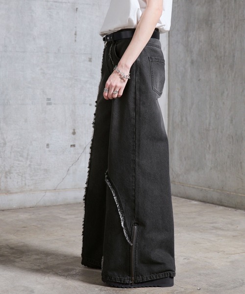 SERACE】Vintage design fringe zip wide flare denim pants