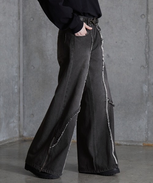 フリンジデザイン デニムパンツ SERACE】Vintage design fringe zip wide flare denim pants