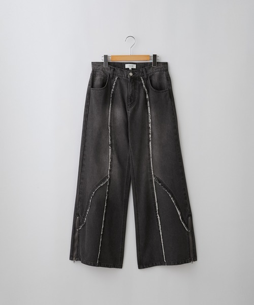 SERACE】Vintage design fringe zip wide flare denim pants