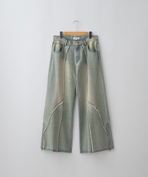 SERACE】Vintage design fringe zip wide flare denim pants