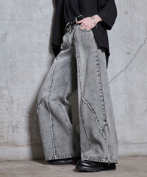 SERACE】Vintage design fringe zip wide flare denim pants