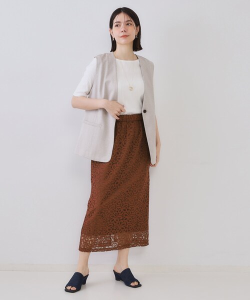 OPAQUE.CLIP（オペークドットクリップ）の「《美人百花掲載》レースイージーナロースカート【洗濯機洗い可】（スカート・レディース・ダークブラウン/ホワイト・38/40）」の13枚目の写真