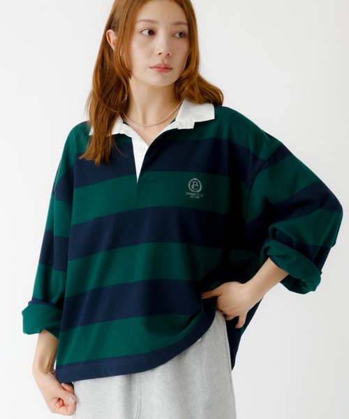 PARROTT CANVAS(パロットキャンバス)の「【PARROTT CANVAS/パロットキャンバス】クロップド ワイド ラガーシャツ(ポロシャツ・レディース・ブラック/グリーン・フリー)」の2枚目の写真