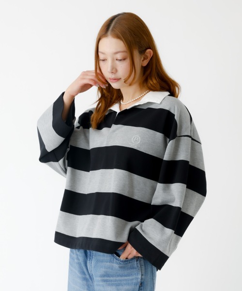 PARROTT CANVAS(パロットキャンバス)の「【PARROTT CANVAS/パロットキャンバス】クロップド ワイド ラガーシャツ(ポロシャツ・レディース・ブラック/グリーン・フリー)」の3枚目の写真