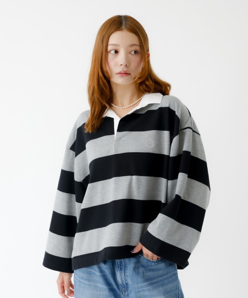 PARROTT CANVAS(パロットキャンバス)の「【PARROTT CANVAS/パロットキャンバス】クロップド ワイド ラガーシャツ(ポロシャツ・レディース・ブラック/グリーン・フリー)」の7枚目の写真