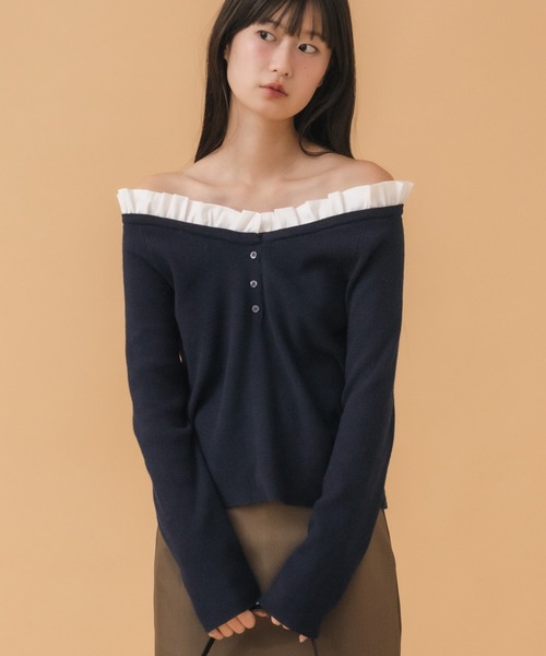 HEILIS(ヘイリス)の「2WAYフリルニットトップス(ニット/セーター・レディース・ネイビー/グレー・FREE)」の1枚目の写真