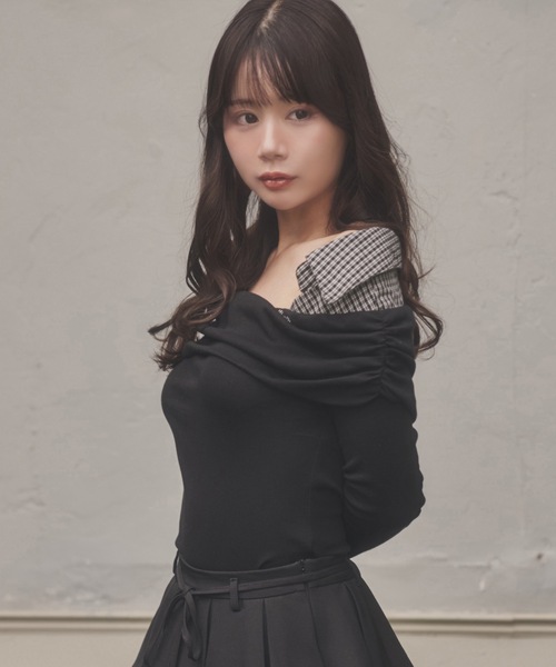 M DOLLY(エムドリー)の「check shirt docking nero tops/チェックシャツドッキングネロトップス(Tシャツ/カットソー・レディース・グレー/ブラック・FREE)」の5枚目の写真