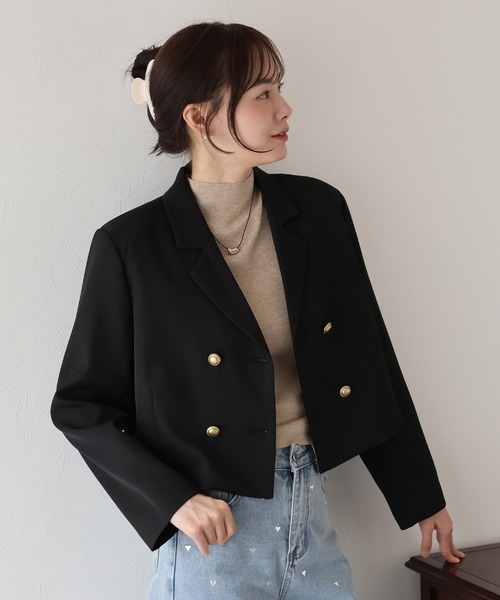 美品 drawer テーラード ジャケット カシミヤ 金ボタン ブラック セール】金ボタンショートテーラードジャケット（テーラード